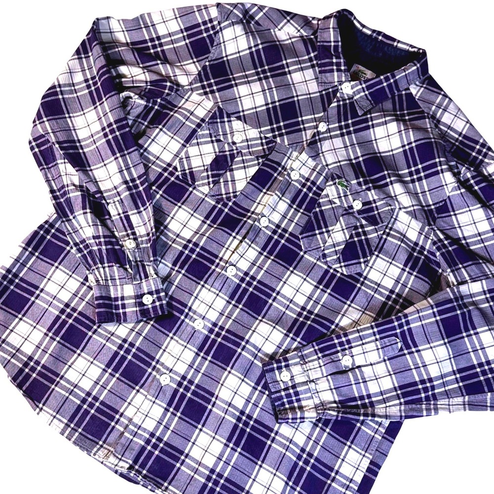 Lacoste Button Down Shirt Mens 44 (XL) Purple Plaid Slim Fit Long Sleeve F2978
